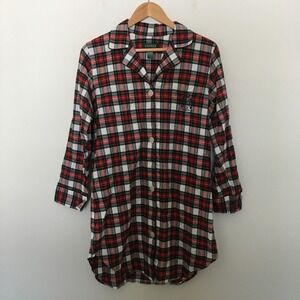 LAUREN RALPH LAUREN Flannel Night Sleep Shirt Size Medium Red Plaid Crest Logo